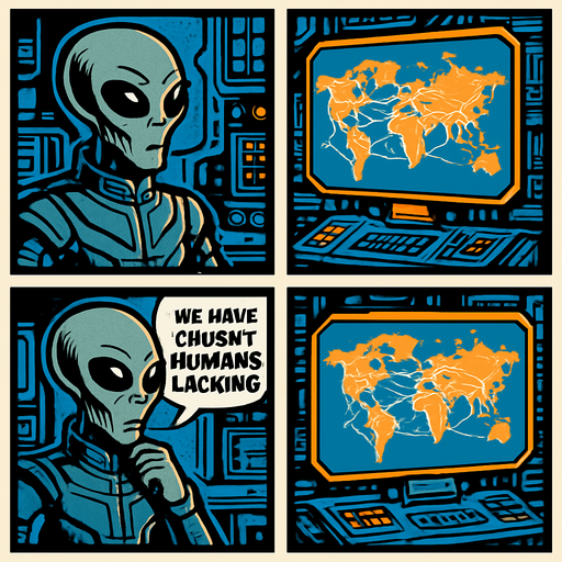 "Comic book style 4 panels of grey alien commander receiving transmission on holographic display showing Earth's internet infrastructure map,  text bubbles saying ' we have caught the humans lacking' , sci-fi comic book technology designs".
In-Game asset.  2d.  High contrast.  No shadows