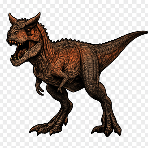 A fierce Carnotaurus dinosaur depicted in a dynamic neutral pose on a transparent background. It has a slender but muscular body covered with rough, textured reddish-brown and dark gray scales. The head is distinctive with two prominent horns above its eyes and a wide mouth showing sharp teeth. Its arms are tiny and tucked close to the body, while powerful legs end in sharp claws. The skin shows bumps and small scars, emphasizing its predatory nature and agility..
In-Game asset.  2d.  High contrast.  No shadows
