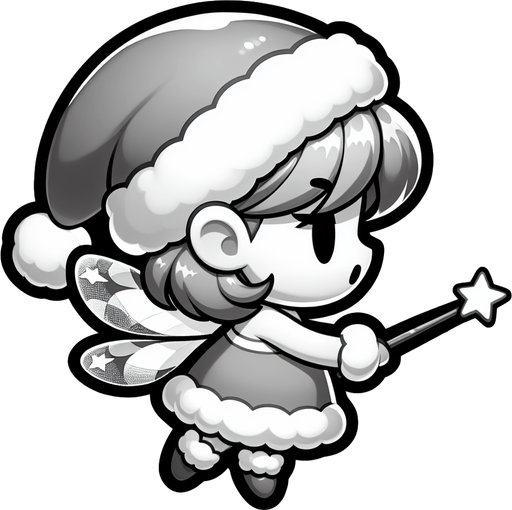 Profile view of a cute little fairy with a santa hat and a magic wand. Flying in the right direction. Single Game Texture. In-Game asset. 2d. Blank background. High contrast. No shadows.