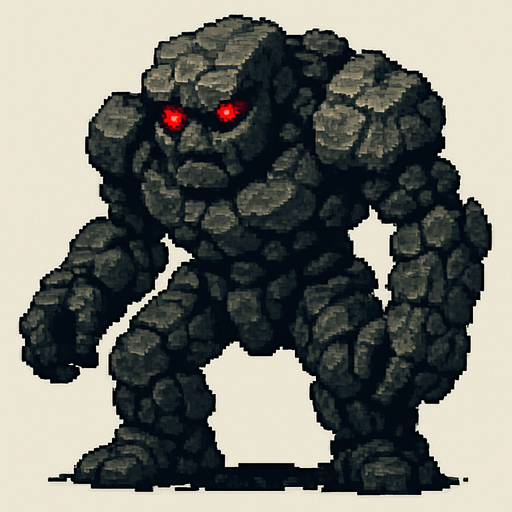 Kocaman kayadan oluşan golem kırmızı parıldayan gözlere sahip dark souls style 2d pixel art.
In-Game asset.  2d.  High contrast.  No shadows