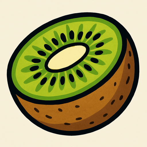 Kiwi Fruta cortado por la mitad.
In-Game asset.  2d.  High contrast.  No shadows. Cartoon.