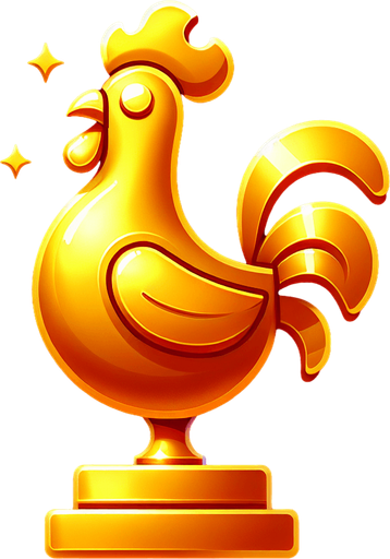Golden chicken trophy.
Single Game Texture.  In-Game asset.  2d.  Blank background.  High contrast.  No shadows