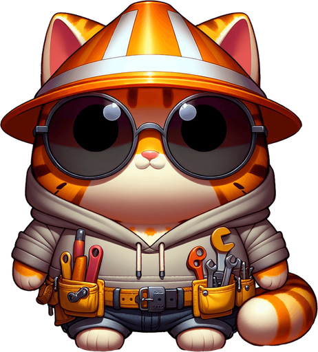 The character in the image is a cartoon-style, orange tabby cat with distinctive stripes. It sports a round face behind oversized, round circular, dark opaque sunglasses and has a notably small body compared to its head, enhancing its cute, chubby look. This cat is uniquely attired in a simple, light-colored hoodie with a drawstring, and atop its head sits a whimsical traffic cone, repurposed as a hat. Around its waist, a toolbelt is visible, equipped with various cartoon tools, suggesting a readiness for any construction task. Positioned with its paws in front, the cat maintains a relaxed posture, exuding a playful and whimsical vibe. This setup presents the cat not just as a casual mascot or a character in a children's book but as a creative introduction to the world of construction and imaginative play..
Single Game Texture. In-Game asset. 2d. Blank background. High contrast. No shadows.