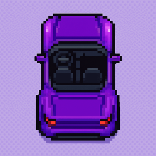 Draw 2d pixel Open top sports car top view purple..
In-Game asset.  2d.  High contrast.  No shadows