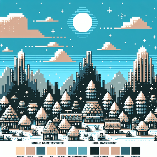 Create a minimal and stylized 8-bit pixelated background of an alien village made of pineapple-shaped huts, viewed from a distance so the buildings appear small and occupy a small lower part of the background. The sky should be light blue and occupy the majority of the image, with the huts constructed from various fruits and having primitive shapes. Use a softer color palette to ensure the background does not distract from the main game elements, capturing the essence of classic 8-bit era video games.
Single Game Texture. In-Game asset. 2d. Blank background. High contrast. No shadows.