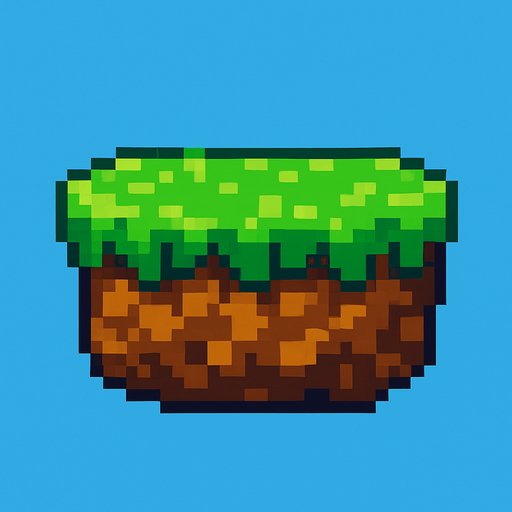 Plataforma flotante con pasto ensima y tierra debajo pixelada.
In-Game asset.  2d.  High contrast.  No shadows