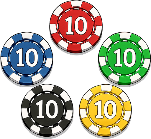 A set of five different colored poker chips seen from directly overhead. Anime style..
In-Game asset.  2d.  High contrast.  No shadows