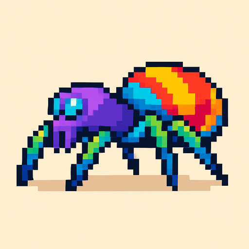 pixel art colorful spider sideview.
In-Game asset.  2d.  High contrast.  No shadows
