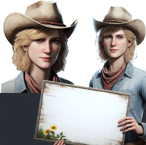 pretty blond human cowgirl holding a sign.
Single Game Texture. In-Game asset. 2d. Blank background. High contrast. No shadows.