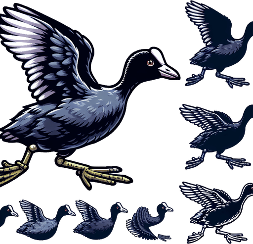 American Coot sprite sheet. Running with wings up..
Single Game Texture. In-Game asset. 2d. Blank background. High contrast. No shadows.