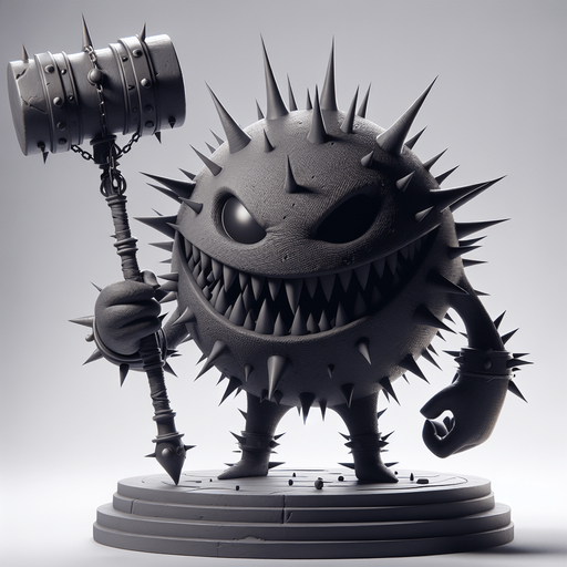 Design a menacing yet comical antagonist for a self-discovery game. The character is a spiky, shadowy creature with exaggerated features, including a wide, toothy frown, sharp ears, and furrowed, judgmental eyes. Its body is round and covered in spines, symbolizing its role as an inner critic or source of resistance. The character wields a massive hammer, emphasizing its destructive tendencies and its aim to obstruct the hero’s progress. It has a dark, moody aesthetic with shades of gray and black, creating an ominous presence. Despite its intimidating look, there’s a hint of over-the-top, cartoonish humor, making it memorable and slightly less threatening. This character embodies doubt, fear, and judgment, constantly challenging the hero while maintaining an entertaining, animated style..
In-Game asset. 3d. Blank background. High contrast. No shadows.