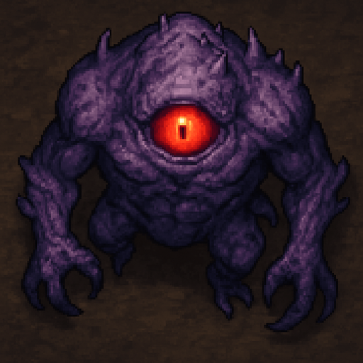 “Top-down 2D pixel art of a massive purple monster with a single glowing red eye. The creature has a deformed, muscular body, rough light purple skin with spikes or scales, and a monstrous, intimidating stance. Its eye is large and central, glowing intensely with a sinister aura. Clawed hands or tentacles may be emerging from its body. Designed as a high-quality game sprite for a dark fantasy or horror-themed pixel art game.”