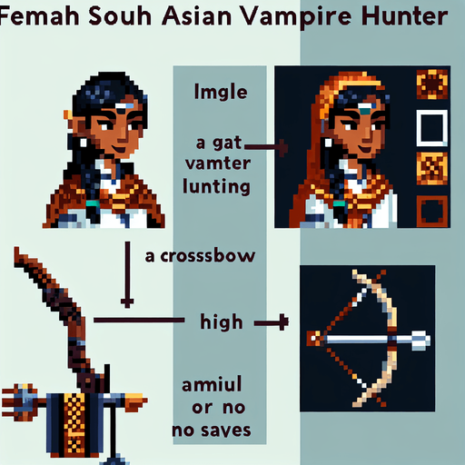 vampire hunter pixel art
Single Game Texture. In-Game asset. 2d. Blank background. High contrast. No shadows.