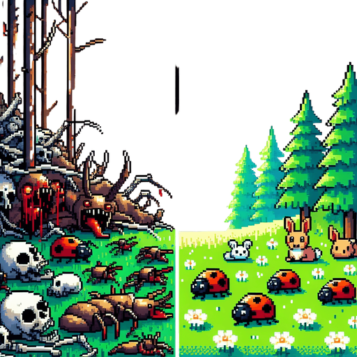 grma dengra de uhna mitad con bichos malignos atacando a personas y en la otra mitad grama verde llamativa con animales de bosque adorables
pixel art.
Single Game Texture.  In-Game asset.  2d.  Blank background.  High contrast.  No shadows