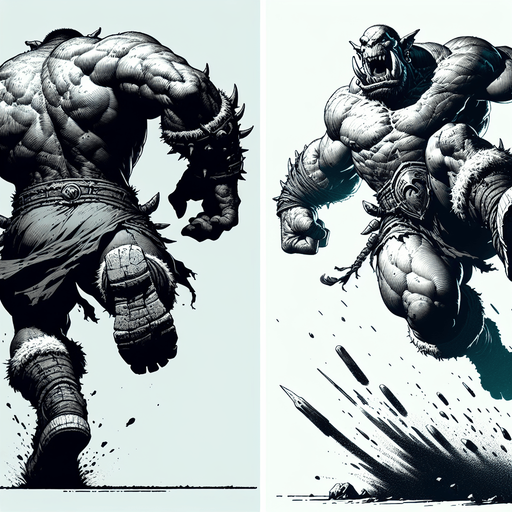 Two images of an orc. one running and one jumping to attack. both from behind, rear view. cartoon.
Single Game Texture.  In-Game asset.  2d.  Blank background.  High contrast.  No shadows