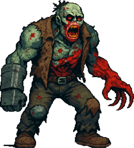 Post Apocalyptic boss zombie pixel art less pixel.
In-Game asset.  2d.  High contrast.  No shadows