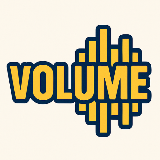 Arka planı olmayan bir volume yazısı ses resmi oluştur , retro temada olsun. renkleri sarı lacivert olsun . yatay olsun olabildiğince dikey olmasın 
In-Game asset.  2d.  High contrast.  No shadows