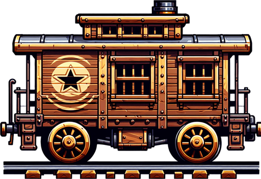 western toy train wagon side profile.
Single Game Texture. In-Game asset. 2d. Blank background. High contrast. No shadows.