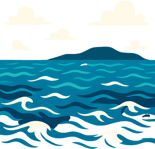 un mar con un fondo a lo lejos.
In-Game asset.  2d.  High contrast.  No shadows