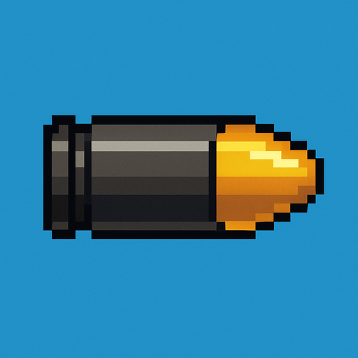 una bala de pistola 9 milimetros hecha con pixeles con perspectiva lateral.
In-Game asset.  2d.  High contrast.  No shadows