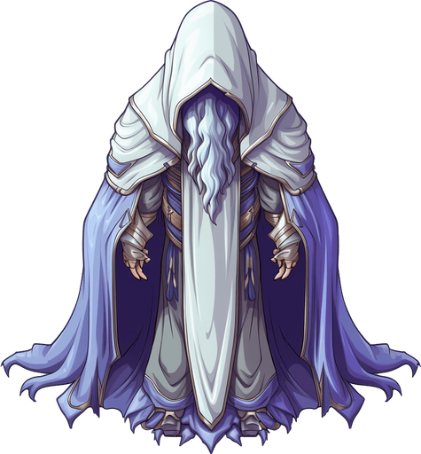 single wizard, hooded Pixel art, 16 bit, isometric, SNES, top-down, no background, white background, low resolution, symmetrical, seen from front.