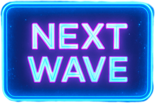 neon cyberpunk glowing NEXT WAVE button blue pink futuristic videogame hologram wave projection simulation