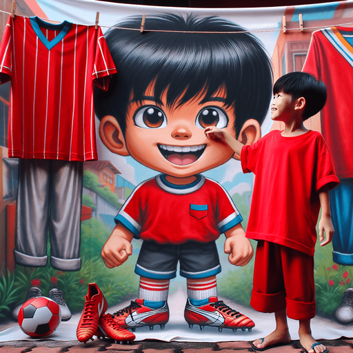 Boy standing in front cartoon soccer uniform