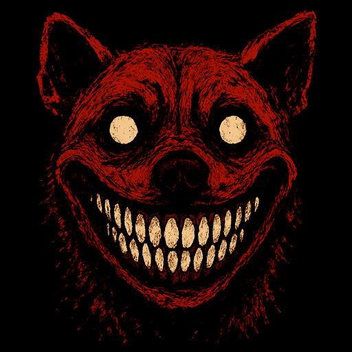 The image displays a highly disturbing and unsettling close-up of what appears to be a dog's head, heavily distorted and manipulated to create a horrific effect. The most striking feature is the dog's mouth, stretched into an impossibly wide and menacing grin that reveals numerous sharp, human-like teeth. Its eyes are wide open, round, and blank white or glowing, contributing to an overall vacant and soulless stare. The fur around its face and head is colored in aggressive shades of red and dark brown, giving it a bloodied or demonic appearance. The overall impression is that of a creature from a horror story, designed to evoke fear and discomfort. The background is completely black, isolating the terrifying subject and intensifying its impact..
In-Game asset.  2d.  High contrast.  No shadows