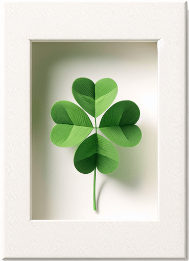 3 leaf clover in a white paper card with rounded corners, front view.