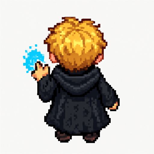 "Top-down 2D pixel art of a young male wizard child, viewed from a perfect 90-degree angle directly overhead (true bird’s-eye view), facing away from the viewer (back view). He has short, wavy blonde hair and wears a long, flowing black robe with subtle magical runes on it. Small dark boots are barely visible beneath the robe. His robe has a slightly oversized hood resting on his back. He is standing still in a casting pose, one small hand slightly raised forward as if ready to cast a spell. A glowing blue aura surrounds his hand to indicate magic. The lighting is soft and ambient, suitable for a fantasy RPG game. Style is classic 16-bit RPG pixel art, SNES-era quality. Transparent background.".
In-Game asset.  2d.  High contrast.  No shadows