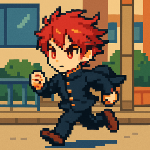 A cute 15-year-old red-haired boy with intense red eyes, wearing a traditional Japanese school uniform (gakuran). He's running down the street with a serious and confident expression. Despite his determined look, his appearance remains sweet and endearing. His gaze is focused straight ahead, with the wind gently lifting his hair and school jacket. The scene is illustrated in Pixel Art style..
In-Game asset.  2d.  High contrast.  No shadows