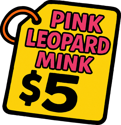 price tag that says pink leopard mink $5.
In-Game asset.  2d.  High contrast.  No shadows