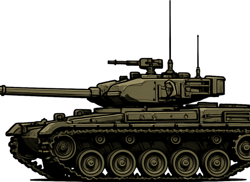Savaş tankı, gerçekçi, yandan görünüm, yazısız.
In-Game asset.  High contrast.  No shadows