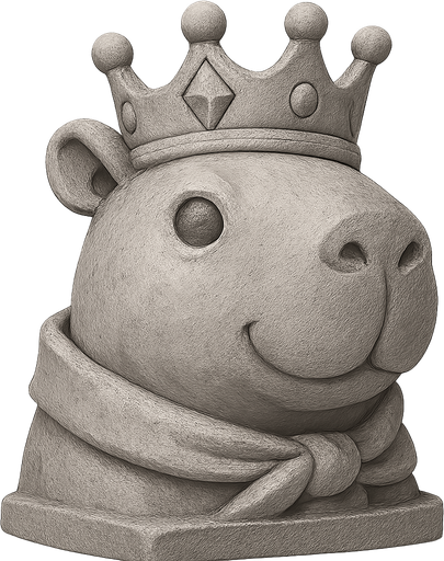 Recrealo en una escultura. Utiliza un estilo cartoon. Usas colores grises. Recuerda que es un capibara usas sus rasgos y formas. Damelo sin fondo, Quita el cañon de fondo