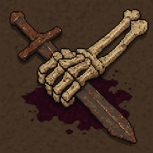 “Top-down 2D pixel art of a massive severed skeleton arm holding a giant sword. The bones are thick, cracked, and aged, with broken joints and shattered ends. The sword is still gripped tightly in the skeletal hand, rusted and chipped. Blood stains or dark magic aura may be present around the broken area. Designed as an environment object or game sprite for a dark fantasy pixel art game.”.
In-Game asset.  2d.  High contrast.  No shadows