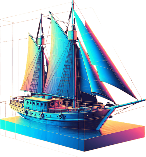 A modern dream of a sailing boat. game illustration..
Single Game Texture. In-Game asset. 2d. Blank background. High contrast. No shadows.