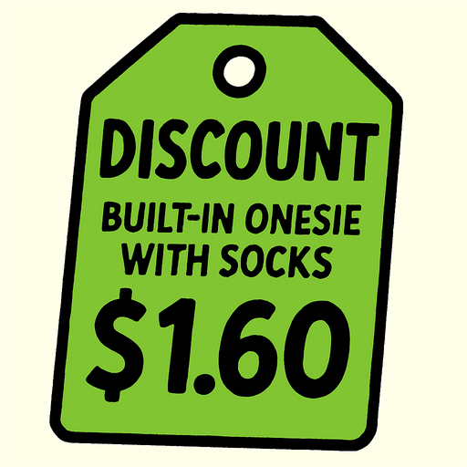 Green pricetag that says discount built in onesie with socks $1.60.
In-Game asset.  2d.  High contrast.  No shadows