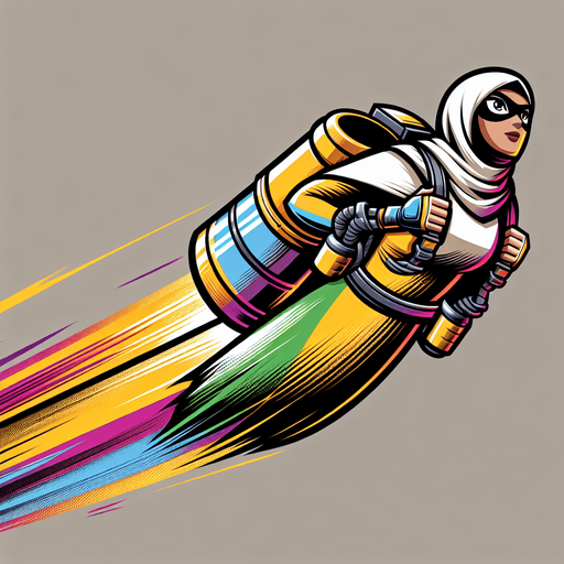 Person flying with jetpack with color.
Single Game Texture.  In-Game asset.  2d.  Blank background.  High contrast.  No shadows