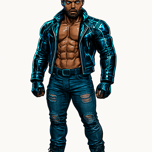 man Cyberpunk manga, African American hunk, shiny black leather biker jacket longsleeves shirtless muscles pexs abs, dreadlocks topknot updo, jeans combat boots, Background removed, "Full-body character, entirely in frame, no cropping of face, head, or feet" "Complete character visible, from hair to boots, fully centered in the image" "Entire character, including face and boots, fully within the frame" Character fully contained within a square frame, no edges cut off fashion model idle pose facing forward