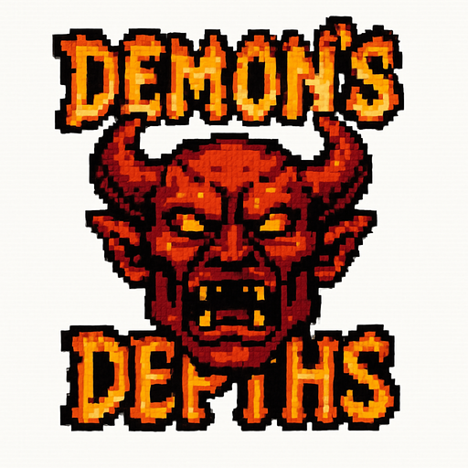 Pixel art logo for a game called ‘Demon’s Depths’. Big demon head with the title of the game split on top and bottom. The words are made of flame. White background
In-Game asset.  2d.  High contrast.  No shadows