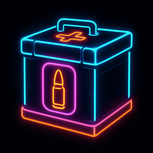 Üstünde mermi resmi olan bir hava yardım kutusu. Neon ışıklı.
In-Game asset.  2d.  High contrast.  No shadows