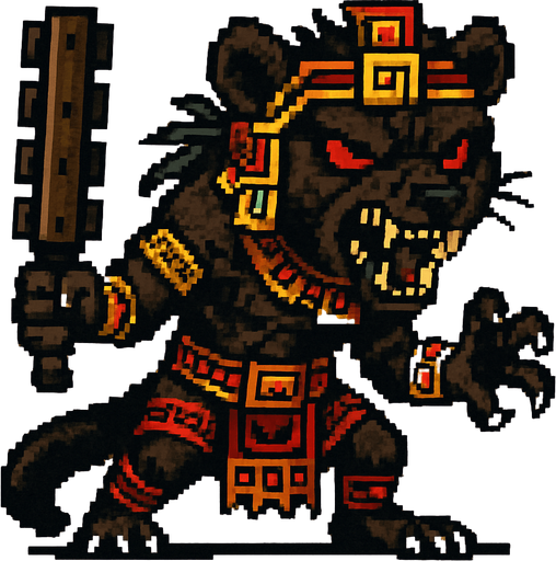 Genérame una Tayra guerrero azteca con eso patrones, estilo pixelar, con una apariencia maligna, ojos rojos, rabioso. Unidad cuerpo a cuerpo. Animal.
In-Game asset.  2d.  High contrast.  No shadows