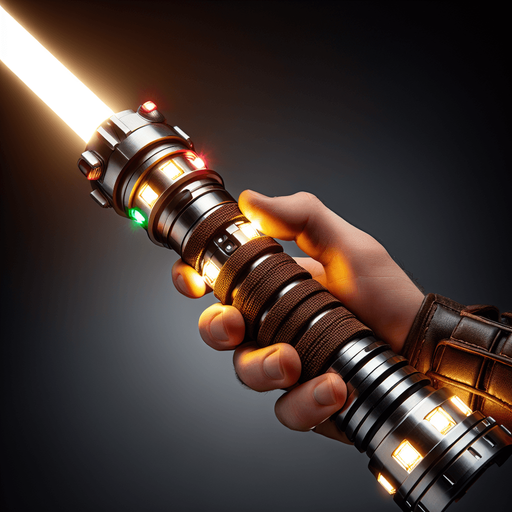 standing Lightsaber handle with led light and brown grip in vertically view.