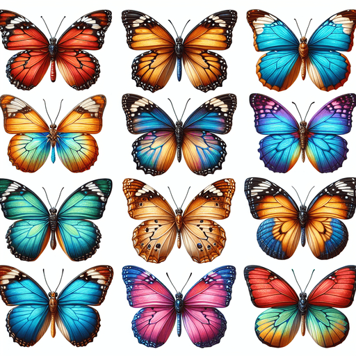 Sprite sheet with several differently colored butterflies. Realistic. No outline. No shadows. No backgrounds..