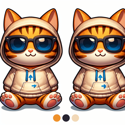 "The character in the image is an adorable, cartoon-style orange tabby cat, marked by its striking stripes. It features a round face, concealed behind oversized, round, dark opaque sunglasses, giving it an air of mystery. The cat's form is delightfully small relative to its head, contributing to its cute, chubby appearance. It wears a simple, light-colored hoodie. Prominently featured on the hoodie is a unique logo: a pair of arrows, with the blue arrow aiming left and the black arrow aiming right. This hoodie, complete with a drawstring, showcases the cat's laid-back style. With its paws out in front, the cat sits in a posture of ease, radiating a sense of peace and satisfaction. The character's playful and whimsical nature makes it not just an ideal mascot but also a captivating character in children's stories.
Single Game Texture. In-Game asset. 2d. Blank background. High contrast. No shadows.