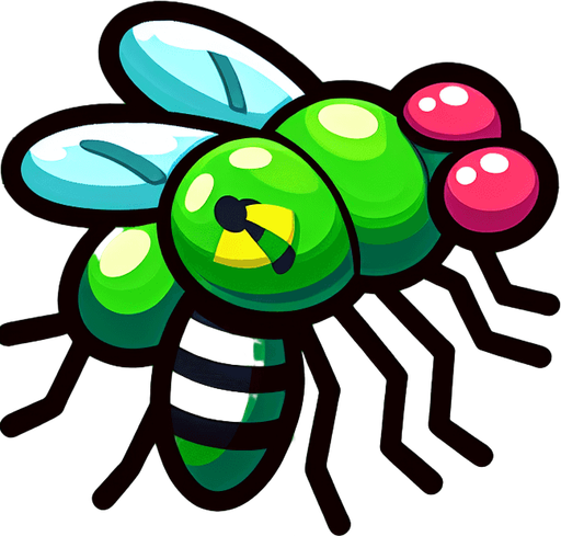 Cartoon. Green nuclear toxic fly
Single Game Texture. In-Game asset. 2d. Blank background. High contrast. No shadows.