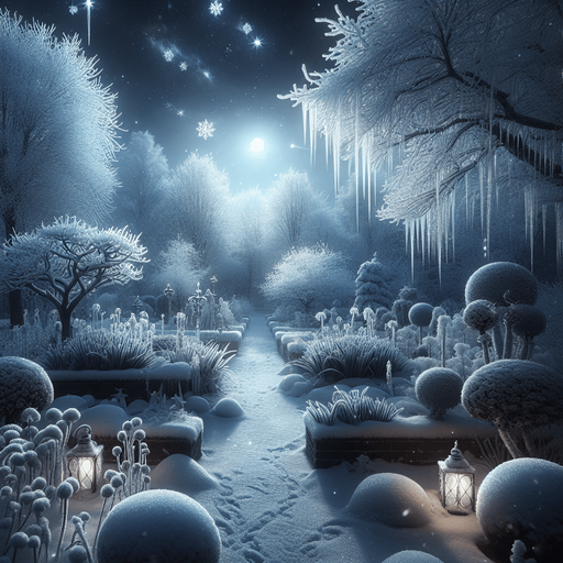 Photorealistic wonderfull Snowy winter garden at night
