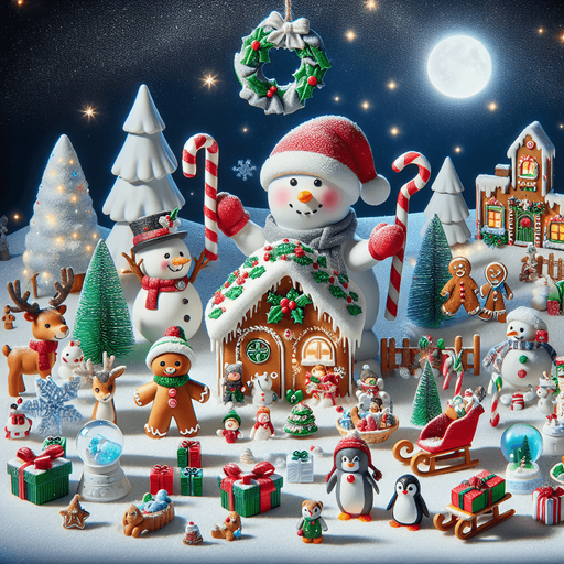 A Magical feeric starry christmas landscape at night with a snow man , candy canes ,holly leafs and snow flakes, cute penguin, Santa's reindeers, green, red and blue presents and a lot of toys, a sled, gingerbread boy and girl, snow globes, cute polar bears cub and a gingerbread house. Realistic. Plastic style. Background image