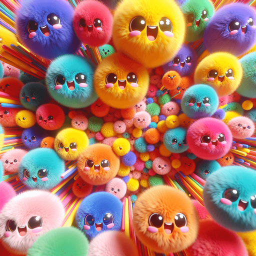 high definition, with lots of soft colorful fluffy fur balls. happy cartoon faces. exploding from middle of screen. No words