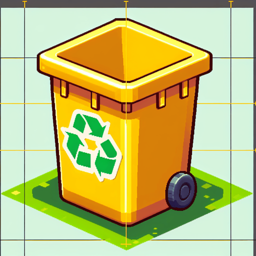 Face view of an open Yellow recycle bin with a green recycling sign..
In-Game asset. 2d. Blank background. High contrast. No shadows.